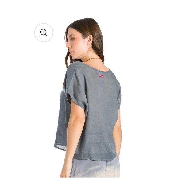Hard Tail Forever boxy V-neck linen top green minimalist elevated basic S/M boho - Picture 2 of 13